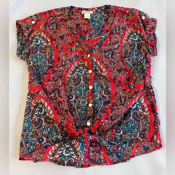 Lucky brand women's shirt top red pattern knit size S short sleeve tie bottom - Picture 3 of 9